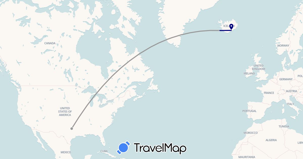 TravelMap itinerary: driving, plane in Iceland, United States (Europe, North America)